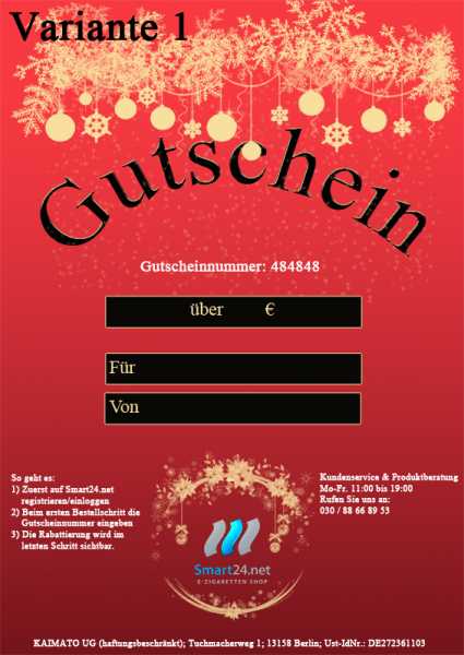 Gutschein Variante 1 -  5 Euro, 10 Euro, 15 Euro, 25 Euro, 50 Euro, 75 Euro, 100 Euro, 150 Euro