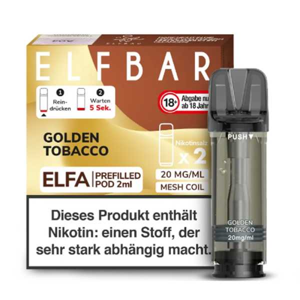 Golden Tobacco 20 mg ElfBar ELFA Pod 2 Stück – Klassischer Tabakgeschmack für das ELFA Pod-System